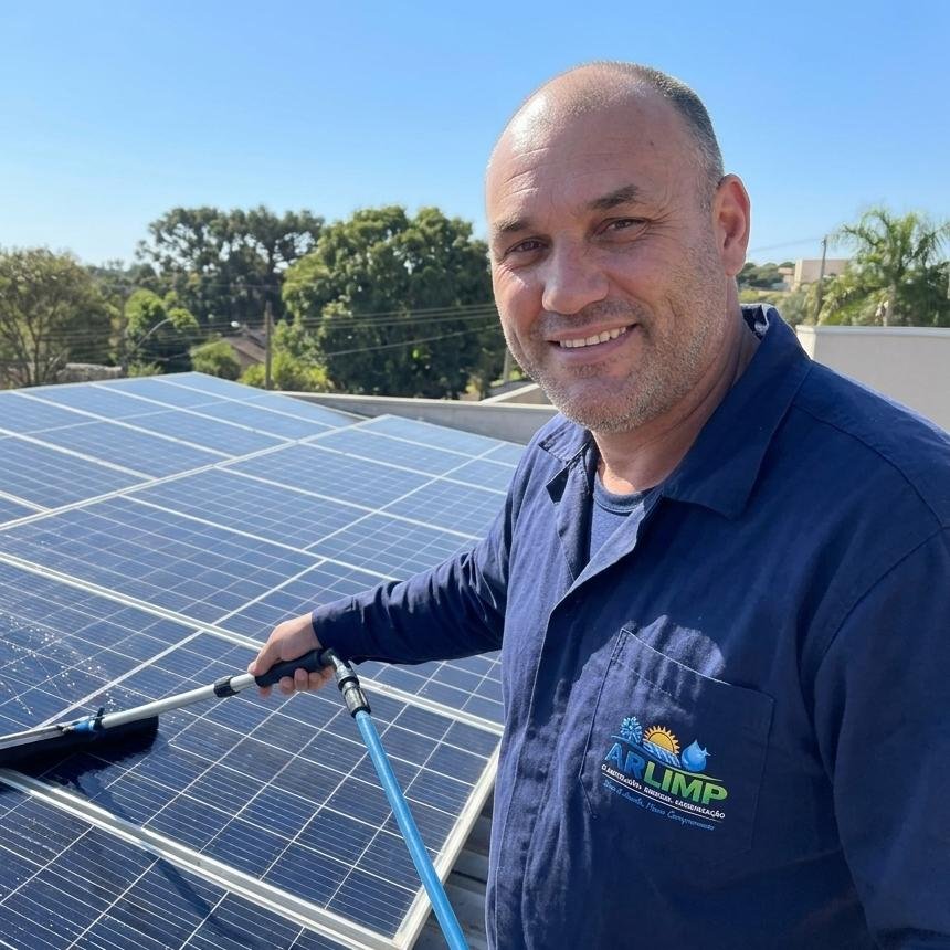 Ademir Marques em cima de um telhado, ao lado de placas solares, com o rodo na mão