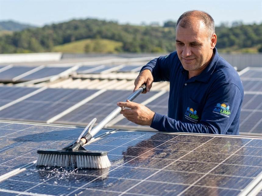 Cena da limpeza de um painel solar, como a mostrada no vídeo