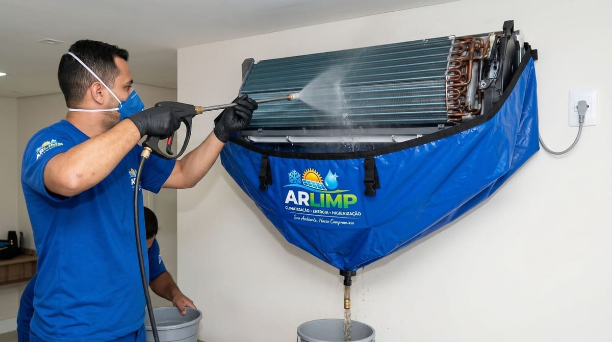 Técnico da Ar Limp lavando a serpentina de um split, com a bolsa de coleta presa sob o aparelho recolhendo a água